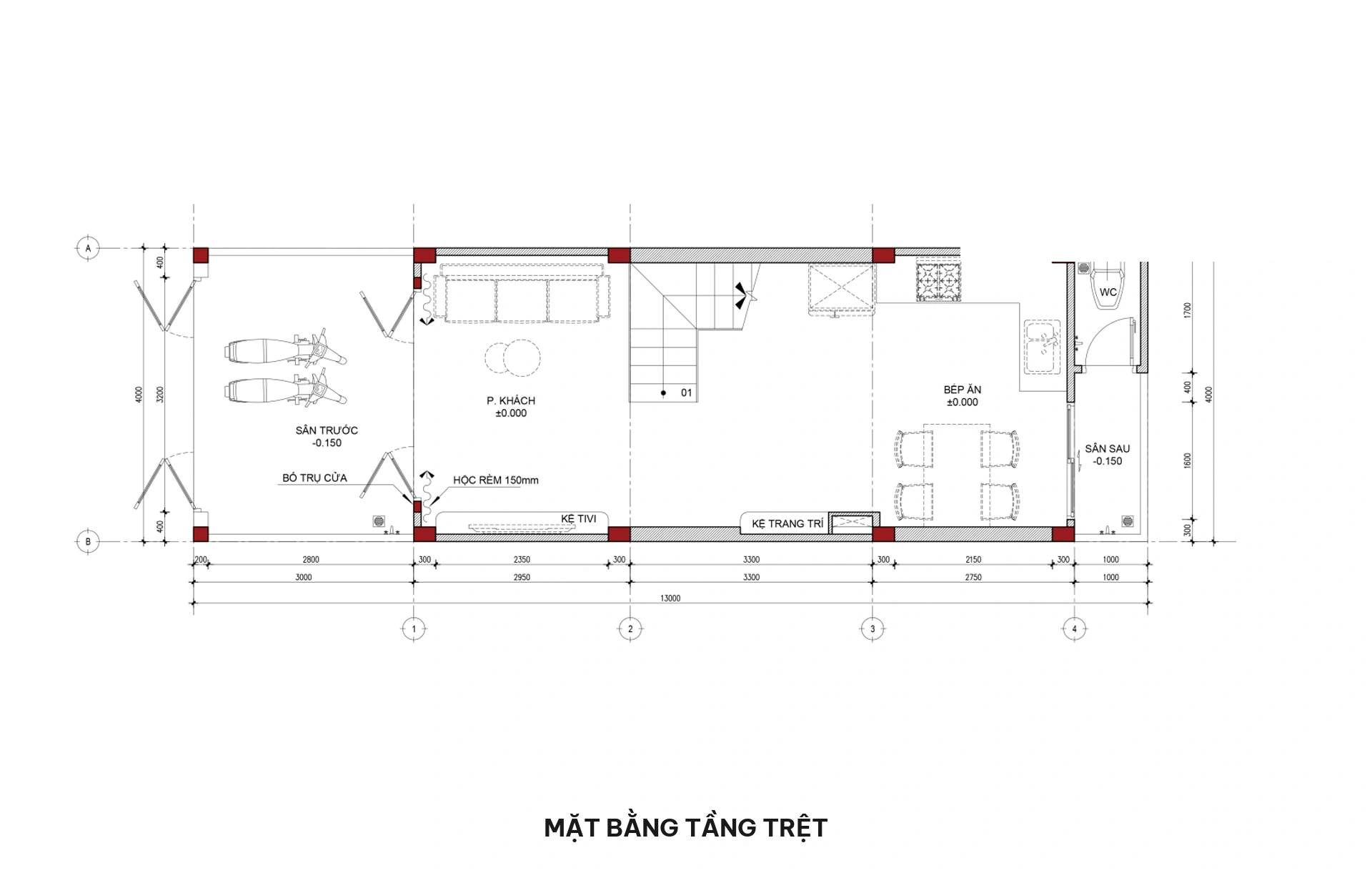 Mặt bằng tầng trệt nhà phố 3 tầng hiện đại