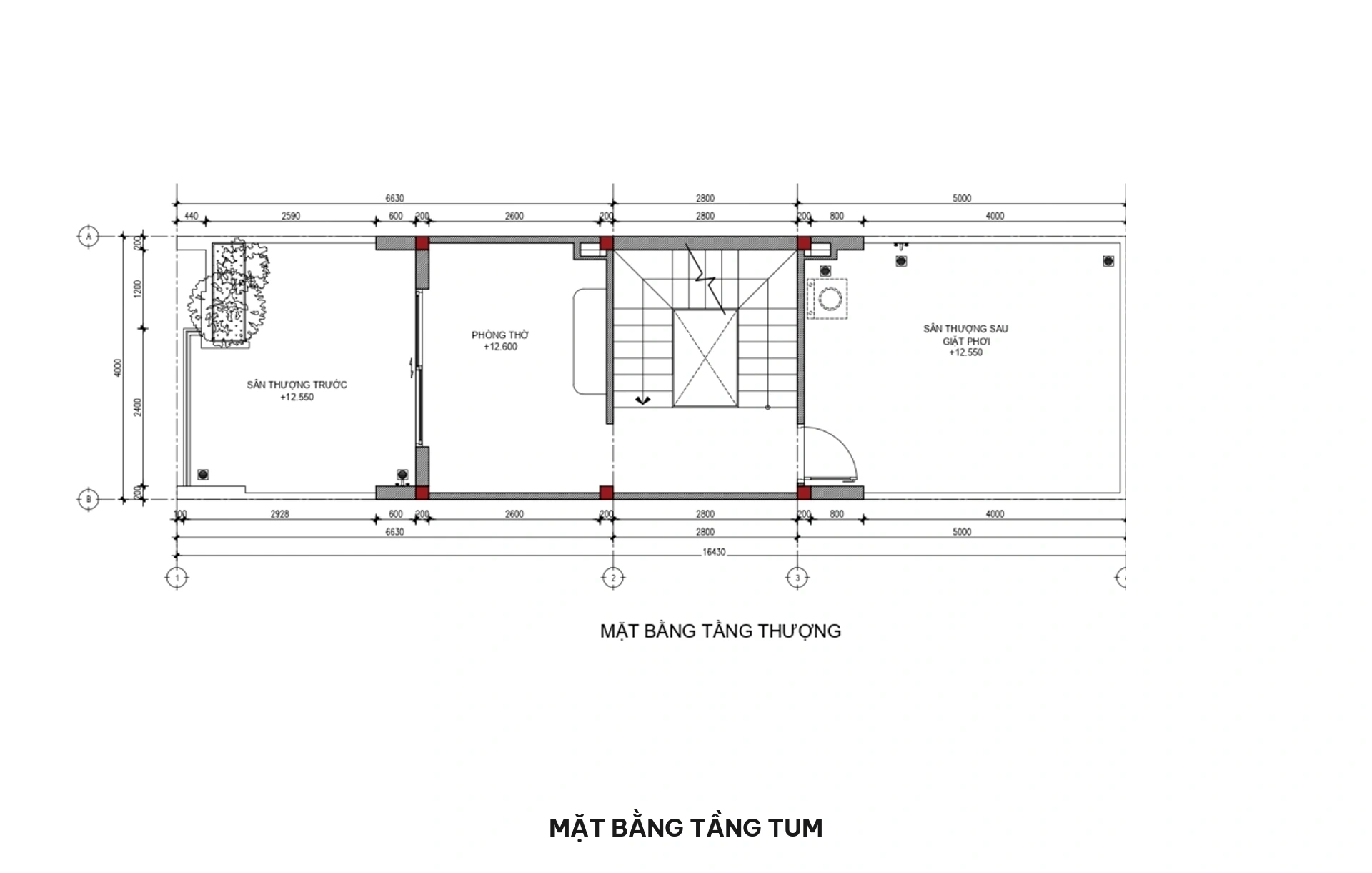 Bản vẽ mặt bằng bố trí công năng tầng tum gồm phòng thờ gia tiên trang nghiêm, sân thượng trước ngắm cảnh và sân giặt phơi sau