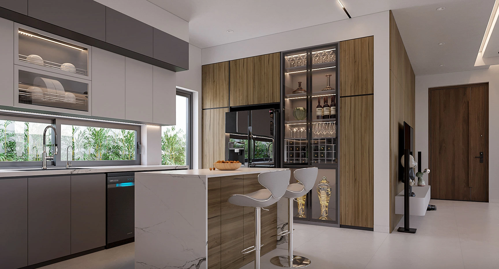 Hệ tủ bếp kịch trần và tủ rượu cánh kính