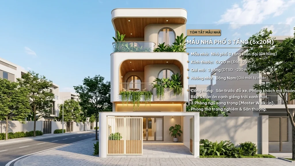 Mẫu Nhà Phố 3 Tầng Hiện Đại (5x20m) – Tinh Tế, Nhẹ Nhàng & Hòa Hợp Thiên Nhiên | DQ.HOUSE