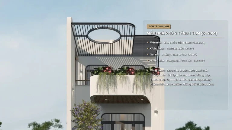 Hình đại diện 16:9 phối cảnh chính diện mẫu nhà phố 2 tầng 1 tum 5x20m vòm cong hiện đại iHome