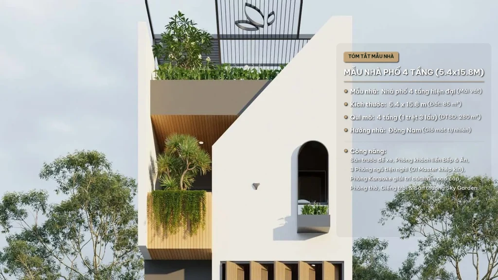 Mẫu Nhà Phố 4 Tầng Hiện Đại (5.4x15.8m) – Kiến Trúc Phi Đối Xứng & Không Gian Thư Giãn Đẳng Cấp