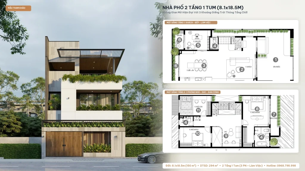 Mẫu Nhà Phố 2 Tầng 1 Tum (8.1x18.5m) Hiện Đại – Không Gian Mở Với 3 Khoảng Thông Tầng Đậm Chất Sống Chill