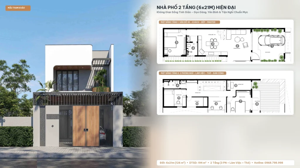 Mẫu Nhà Phố 2 Tầng (6x21m) Hiện Đại – Không Gian Sống Tinh Giản, Yên Bình & Tối Ưu Từng Mét Vuông