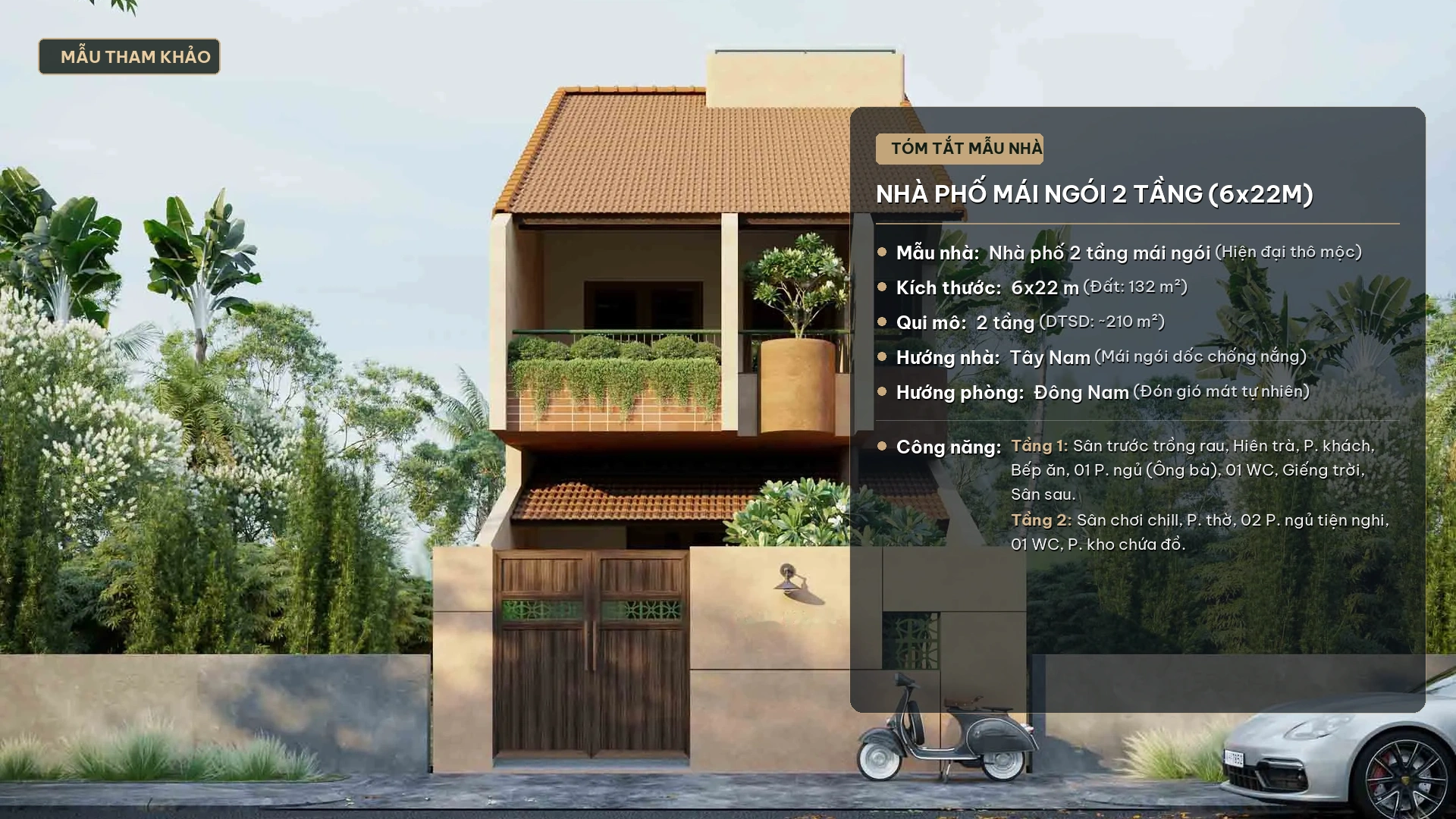 Mẫu nhà phố mái ngói 2 tầng 6x22m hiện đại thô mộc chống nắng Tây Nam iHome