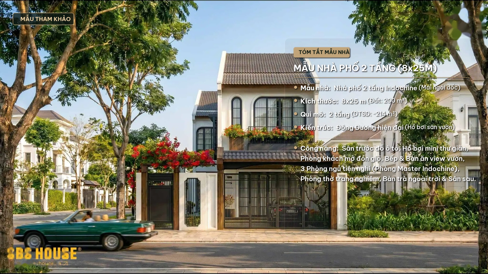 Mẫu nhà phố 2 tầng Indochine 8x25m mái ngói có hồ bơi