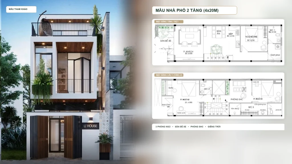 Mẫu Nhà Phố 2 Tầng Mái Bằng (4x20m) – Hiện Đại, Tối Ưu Diện Tích & Thoáng Sáng