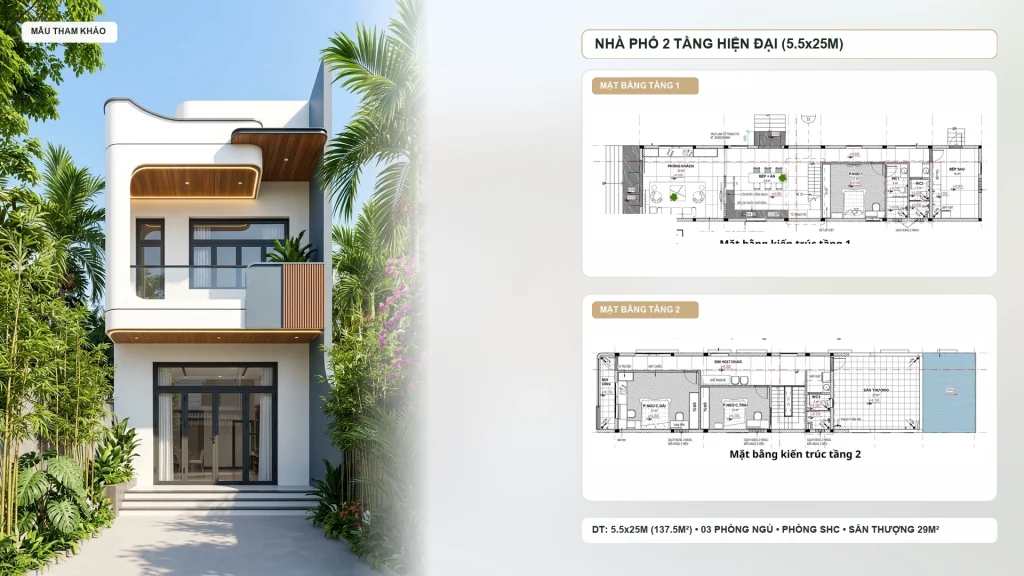 Mẫu Nhà Phố 2 Tầng Hiện Đại (5.5x25m) – Thiết Kế Tối Giản, Cuốn Hút Từng Đường Nét