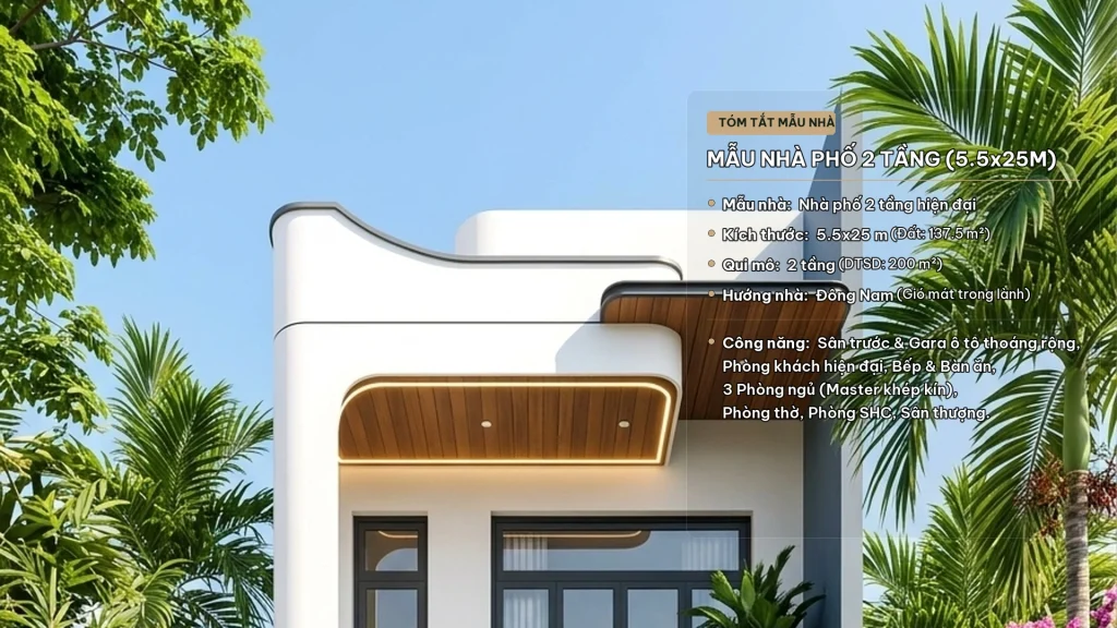 Mẫu Nhà Phố 2 Tầng Hiện Đại (5.5x25m) – Thiết Kế Tối Giản, Cuốn Hút Từng Đường Nét