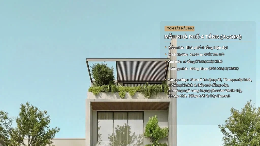 Mẫu Nhà Phố 4 Tầng Hiện Đại (6x20m) – Nghệ Thuật Kiến Trúc Đẳng Cấp & Không Gian Xanh Độc Bản