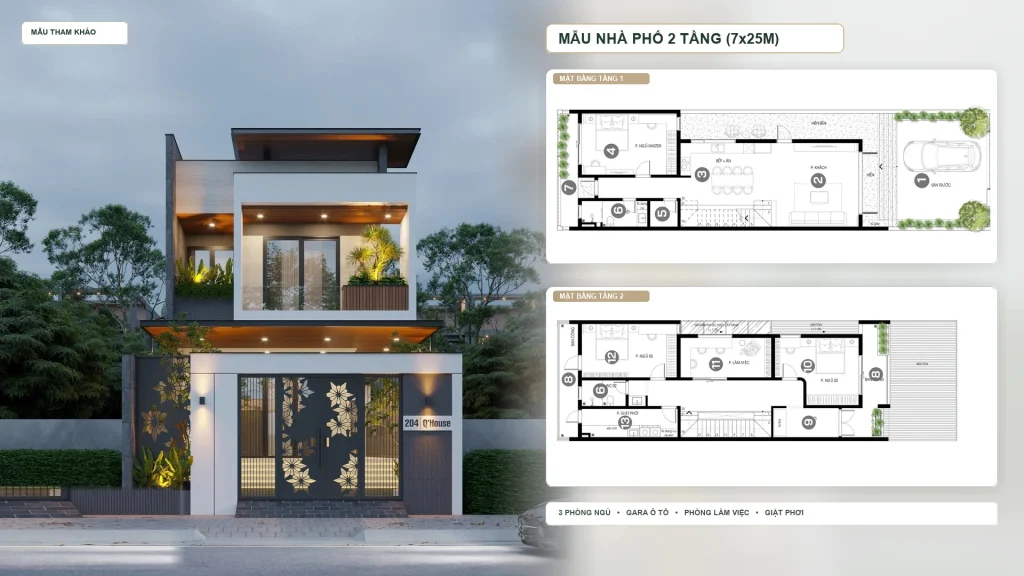 Mẫu Nhà Phố 2 Tầng - Kích thước (7x25m)