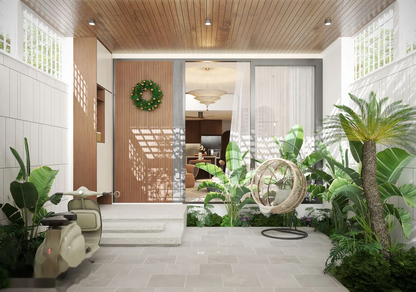 Khoảng sân trước nhà phố với mảng xanh nhiệt đới và xích đu thư giãn