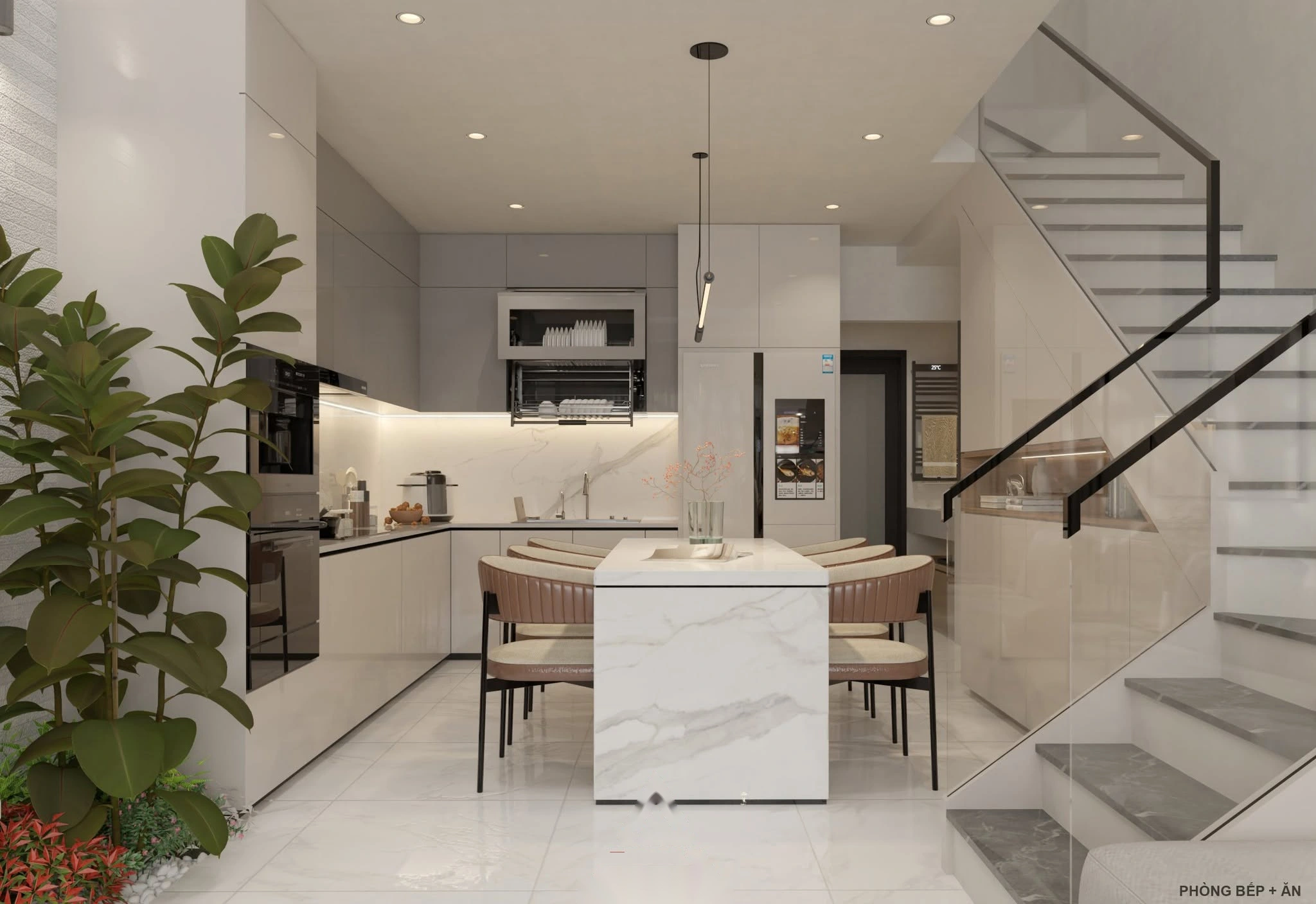 Đảo bếp đá marble trắng và tủ bếp hiện đại