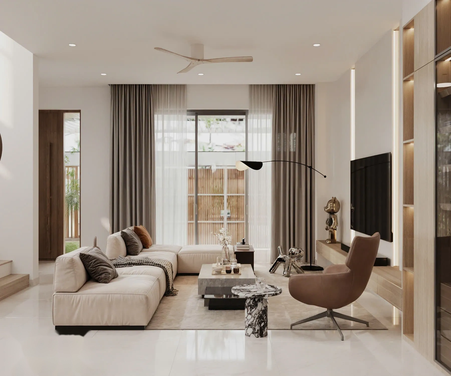 Nội thất phòng khách sang trọng tối giản với sofa tone be và cửa kính lớn đón nắng