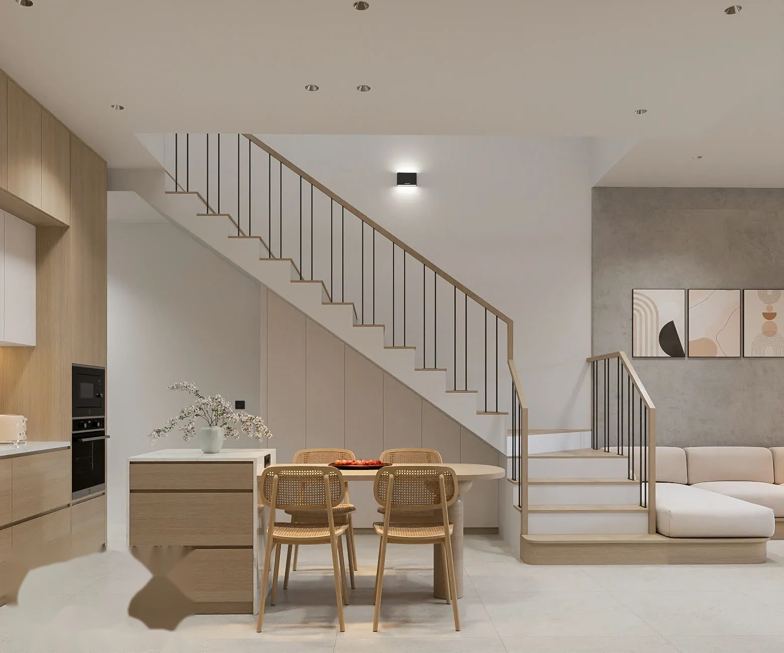 Bố cục phòng khách tinh tế với sofa tone be, bàn trà đôi và vách ốp hiệu ứng bê tông mộc mạc