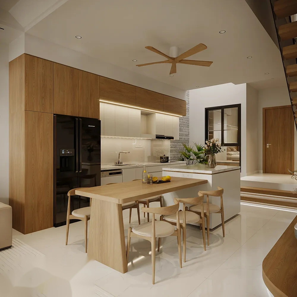 Thiết kế bàn ăn 6 chỗ ngồi gỗ tự nhiên và đảo bếp mặt đá tiện nghi