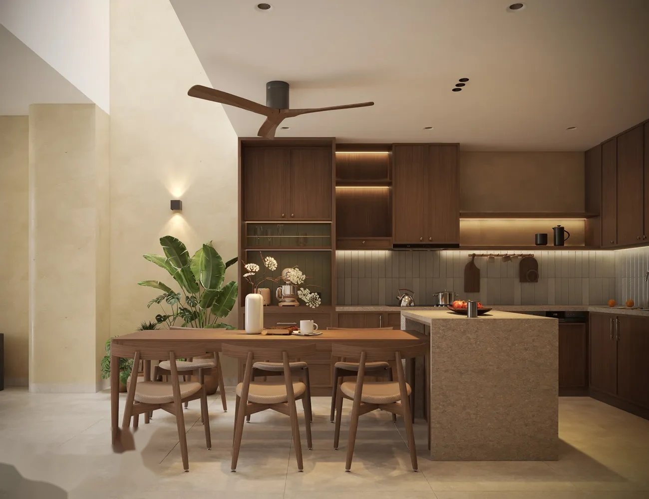 Thiết kế bàn ăn 6 ghế gỗ tự nhiên kết hợp đảo bếp sang trọng