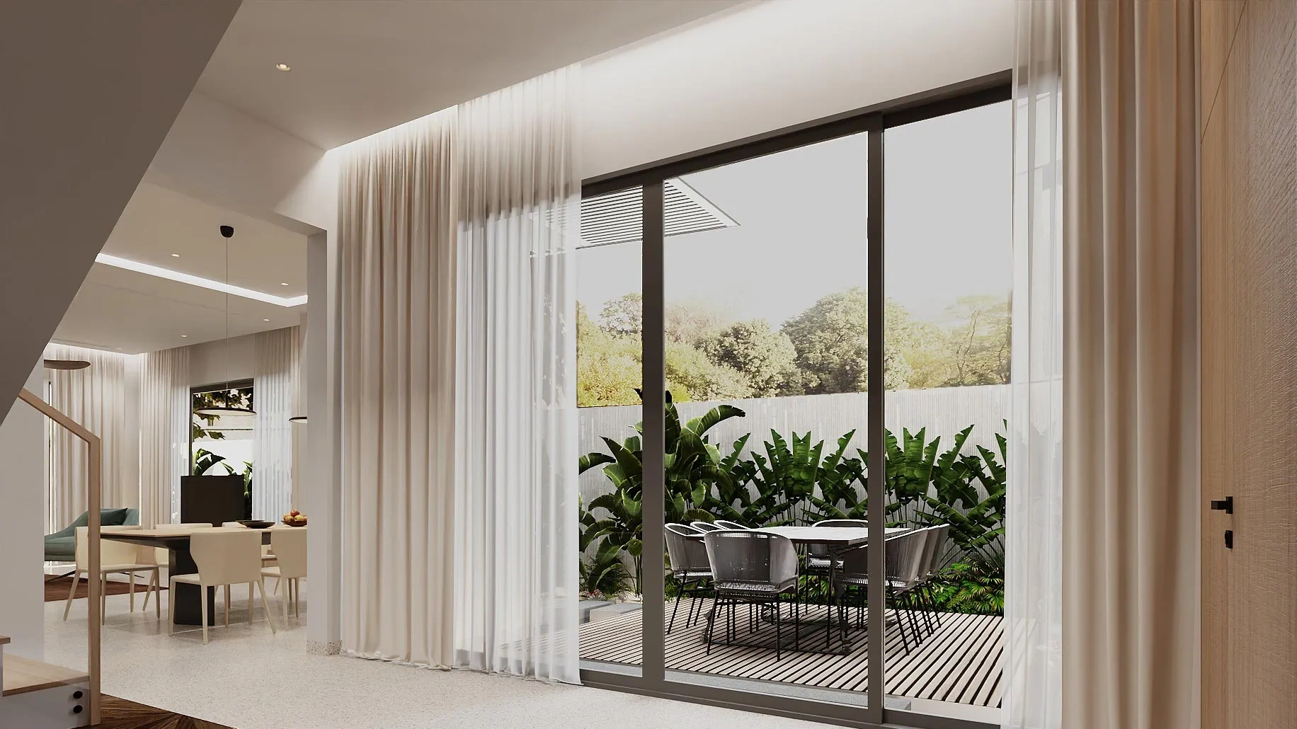 Khu vực bàn ăn view trọn sân vườn xanh mát