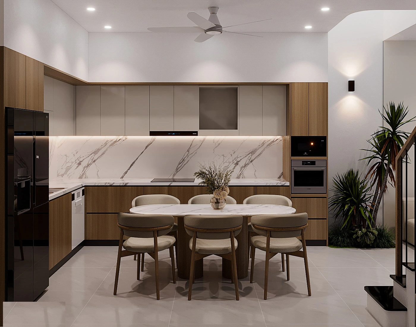 Hệ bếp chữ L hiện đại và bàn ăn gia đình