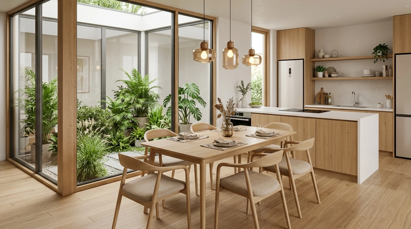 Khu vực phòng ăn và bếp liền kề giếng trời lấy sáng tự nhiên