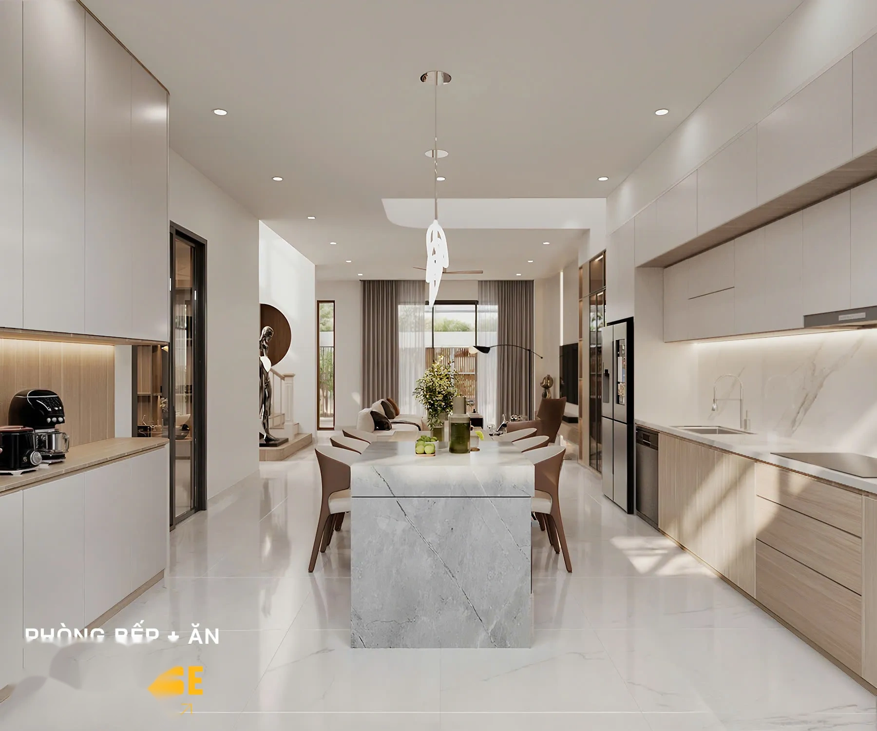 Hệ bếp chữ L kết hợp đảo bếp sang trọng và bàn ăn gia đình 6 chỗ ngồi