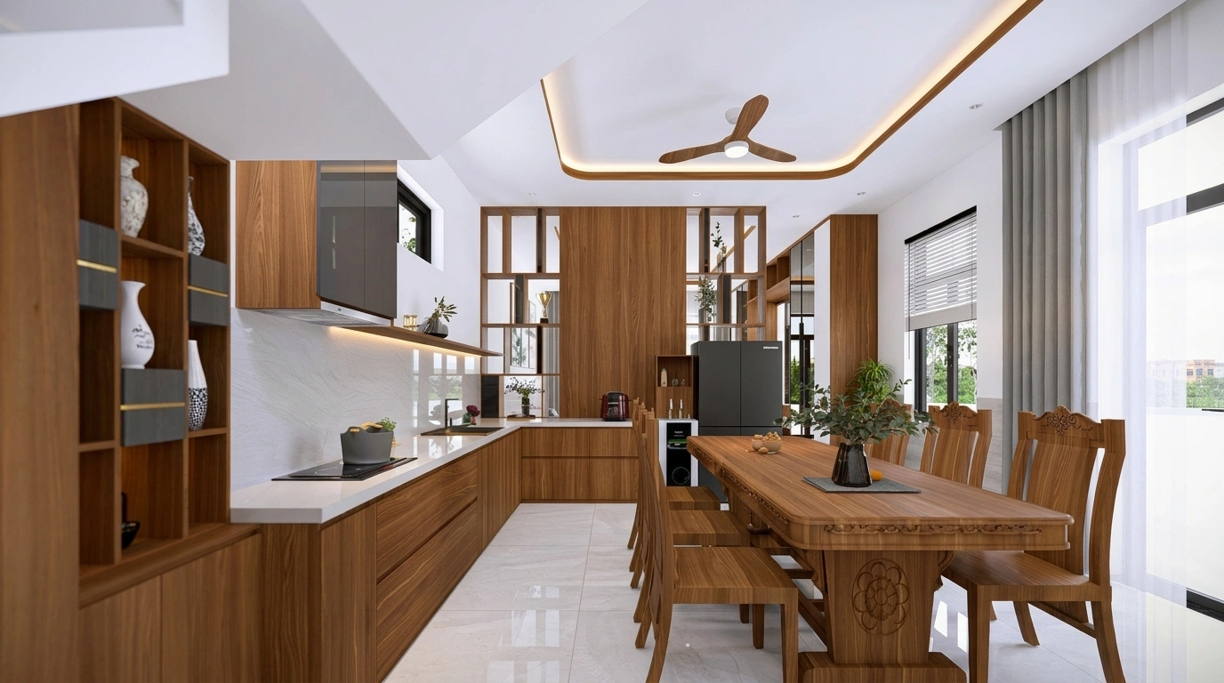 Phòng bếp và bàn ăn gỗ nhà phố 5.5m