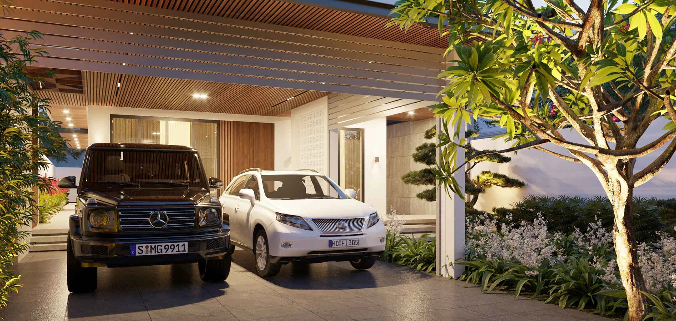 Khu vực gara đỗ xe sang trọng có mái che