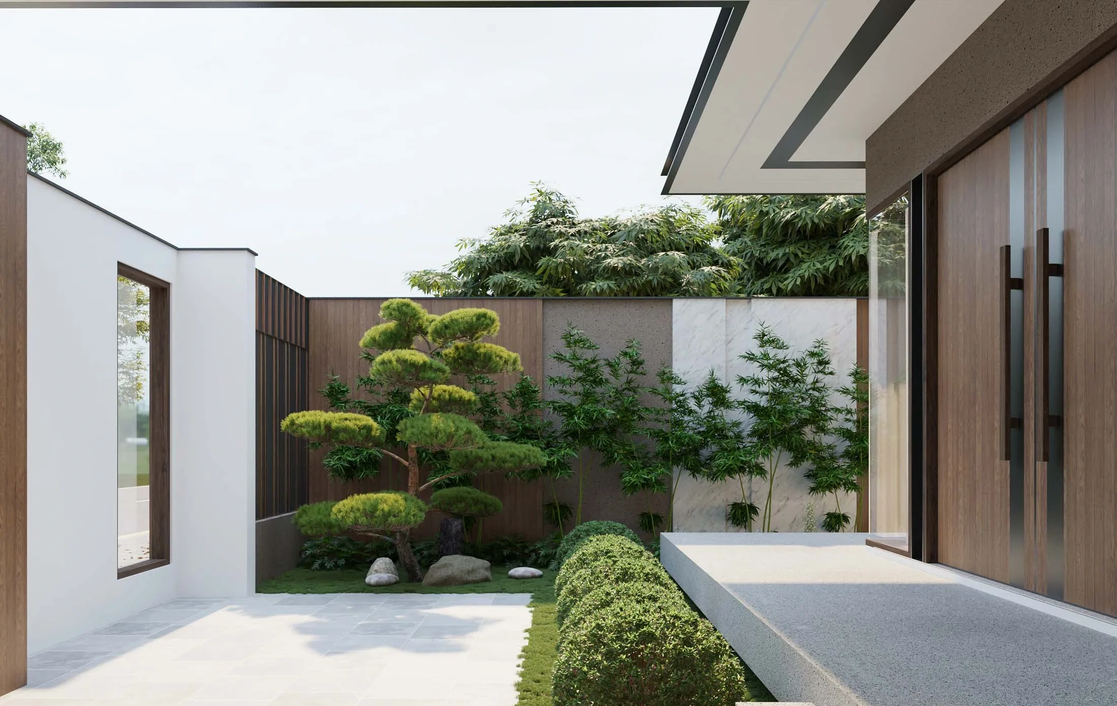 Khu vườn bonsai xanh mướt phía trước biệt thự
