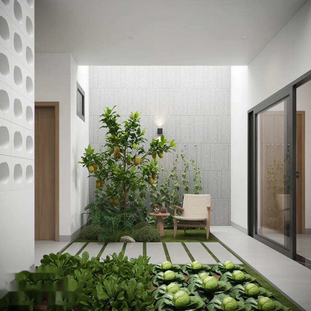 Khu vườn nhỏ xanh mát dưới giếng trời đón sáng và thông gió tự nhiên