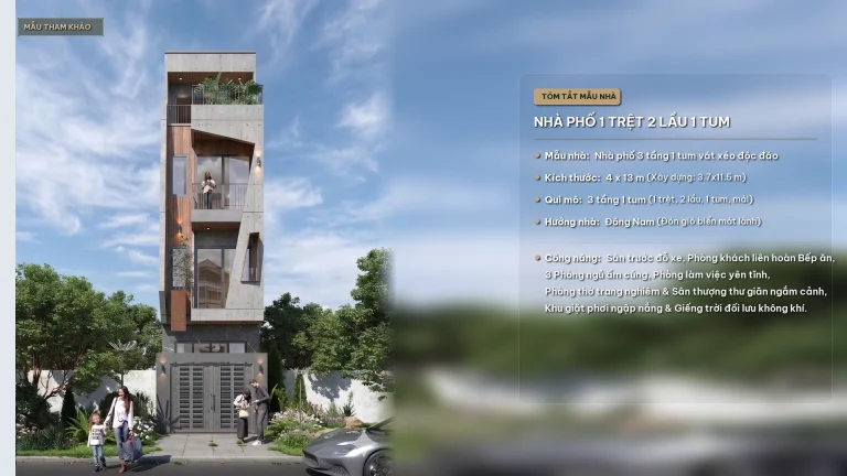 Mẫu thiết kế nhà phố 1 trệt 2 lầu 1 tum 4x13m kiến trúc vát xéo phá cách hiện đại tại Quy Nhơn iHome