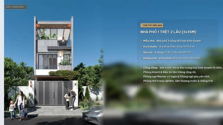 Mẫu thiết kế nhà phố 1 trệt 2 lầu 5x15m kiến trúc hiện đại kết hợp không gian kinh doanh sang trọng tại Quy Nhơn iHome