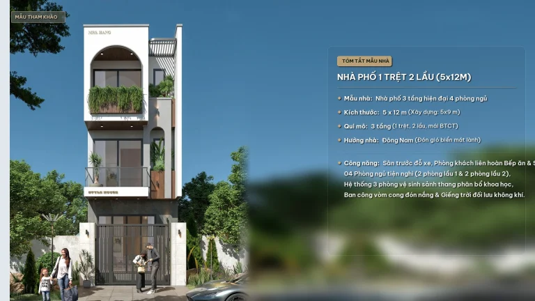 Mẫu thiết kế nhà phố 1 trệt 2 lầu 5x12m kiến trúc hiện đại tối ưu 4 phòng ngủ sang trọng tại Quy Nhơn iHome