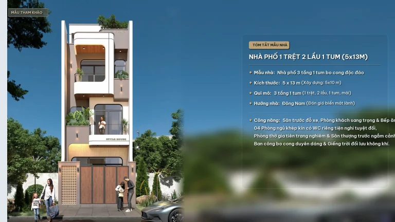 Mẫu thiết kế nhà phố 1 trệt 2 lầu 1 tum 5x13m kiến trúc hiện đại bo cong độc đáo tại Quy Nhơn iHome