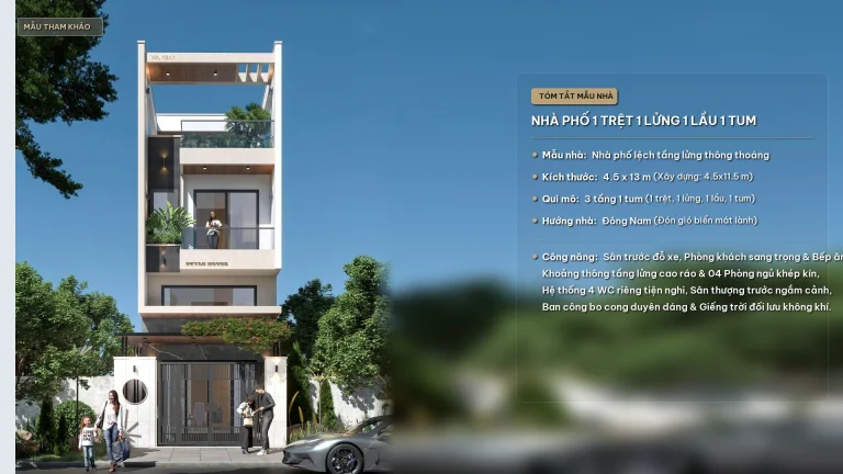 Mẫu thiết kế nhà phố 1 trệt 1 lửng 1 lầu 1 tum 4.5x13m hiện đại lệch tầng thông thoáng 4 phòng ngủ tại Quy Nhơn iHome