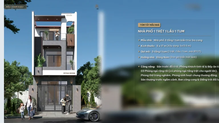 Mẫu thiết kế nhà phố 3 tầng 1 tum 5x17m hiện đại kiến trúc bo cong tinh tế tại Quy Nhơn iHome