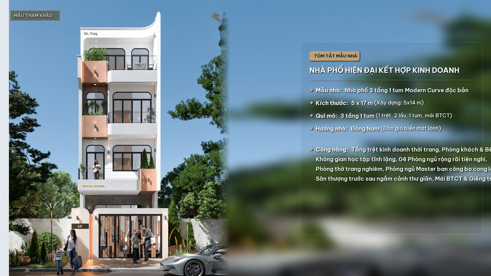 Mẫu thiết kế nhà phố 3 tầng 1 tum 5x17m kết hợp kinh doanh thời trang kiến trúc Modern Curve độc bản tại Quy Nhơn iHome