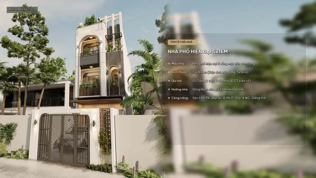 Mẫu Thiết Kế Nhà Phố 3 Tầng (5x16m) Hiện Đại Mặt Tiền Vòm Cong Độc Đáo Tại Quy Nhơn