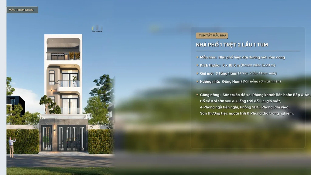 Mẫu Thiết Kế Nhà Phố 3 Tầng 1 Tum (5x18.5m) Hiện Đại – Kiến Trúc Vòm Cong & Hồ Cá Koi Tại Quy Nhơn