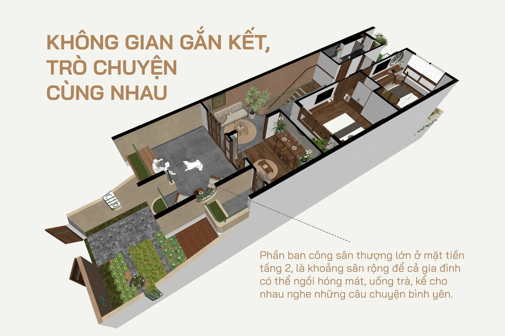 Bố trí công năng 3D tầng 2 ban công lớn ngắm cảnh, phòng thờ và 2 phòng ngủ tiện nghi