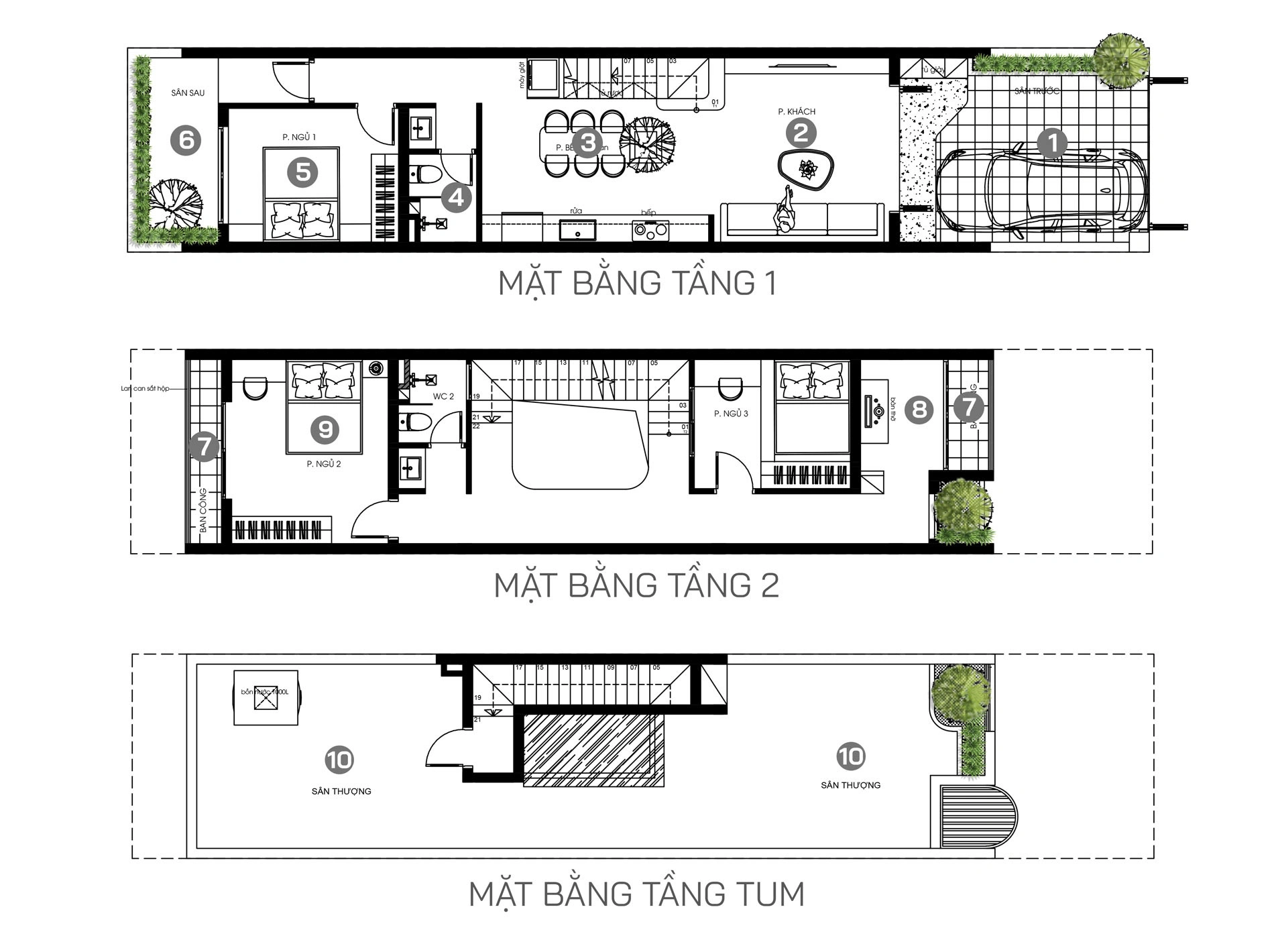 Bản vẽ CAD mặt bằng công năng tổng thể 2 tầng 1 tum diện tích 4.5x22.5m đầy đủ chi tiết