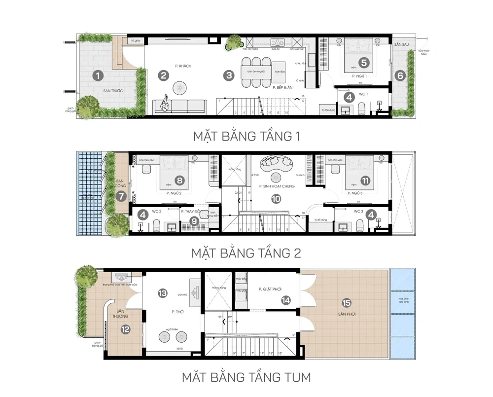 Bản vẽ thiết kế mặt bằng công năng 2 tầng 1 tum 5x20m tối ưu