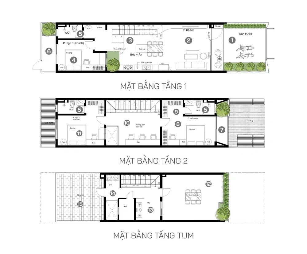 Bản vẽ thiết kế mặt bằng công năng 2 tầng 1 tum 5x22.7m tối ưu