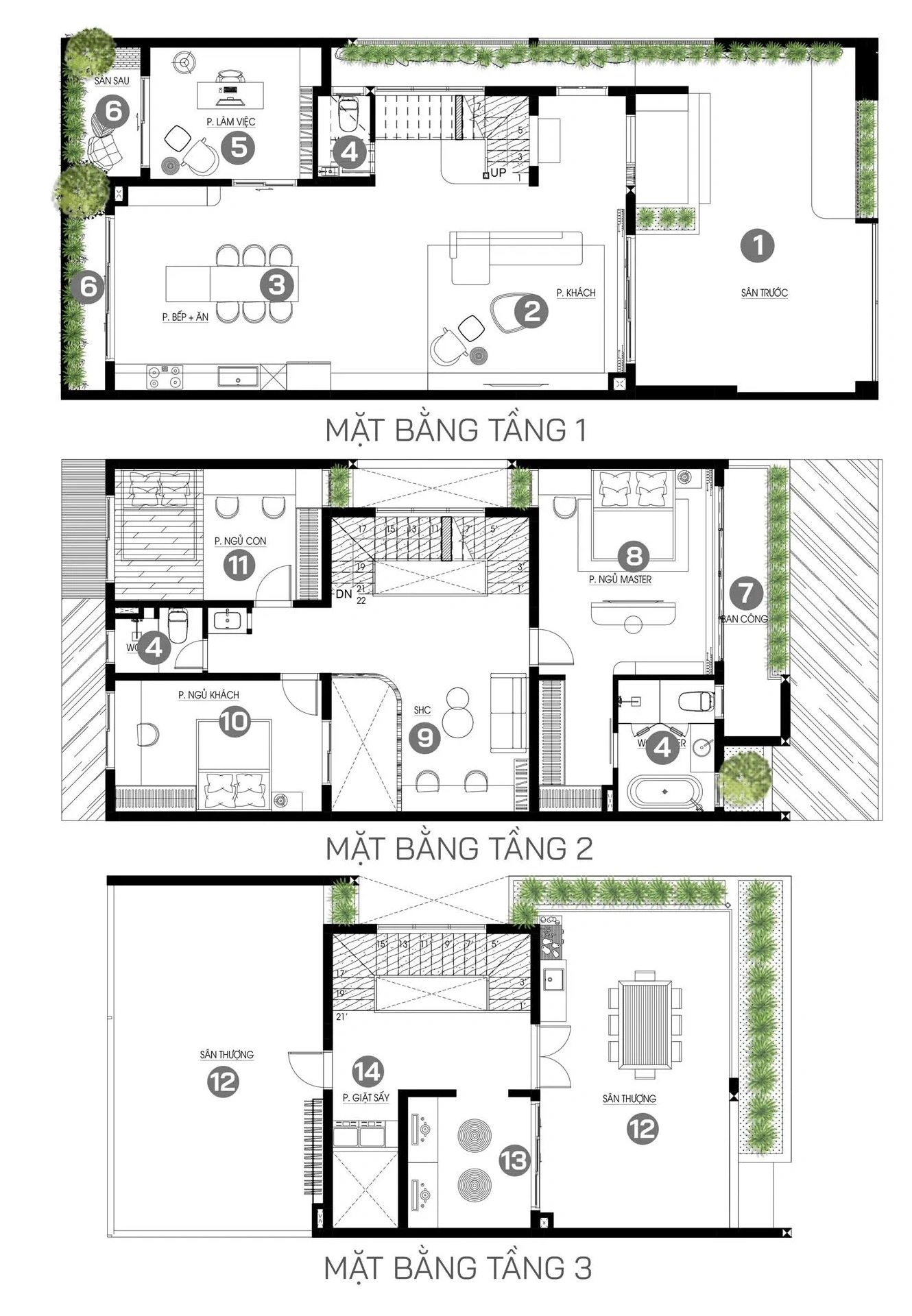 Bản vẽ chi tiết mặt bằng công năng 3 tầng nhà phố 8.1x18.5m tối ưu cho gia đình 4 người