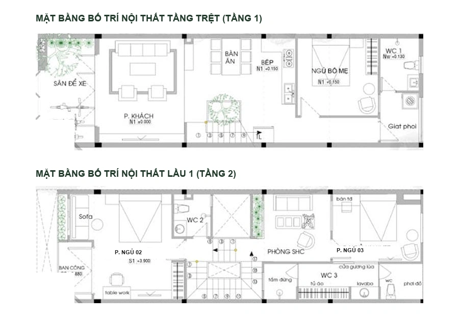 Bản vẽ bố trí mặt bằng công năng nhà phố 2 tầng 4x20m