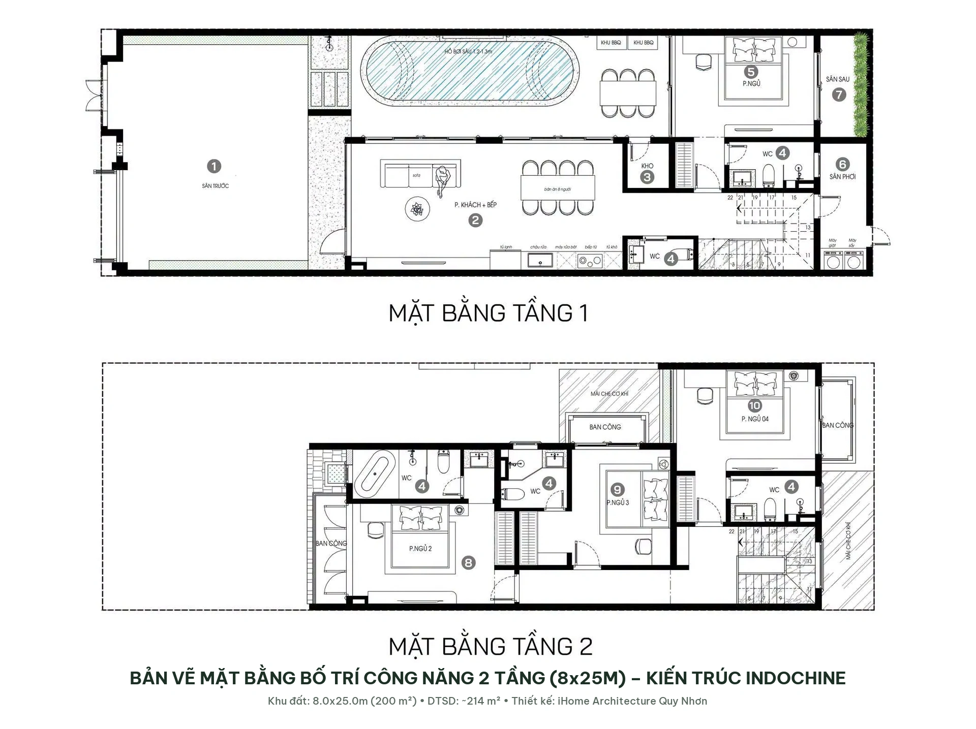 Bản vẽ thiết kế mặt bằng công năng 2 tầng 8x25m Indochine