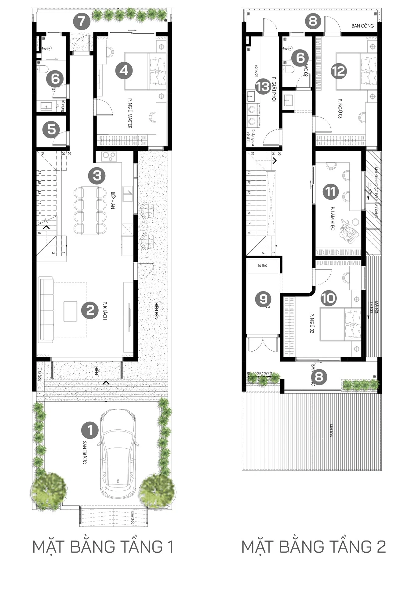 Bản vẽ bố trí mặt bằng công năng nhà phố 2 tầng 7x25m