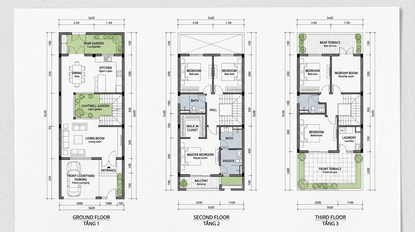 Bản vẽ thiết kế mặt bằng công năng 3 tầng nhà phố 5x20m DQ.HOUSE