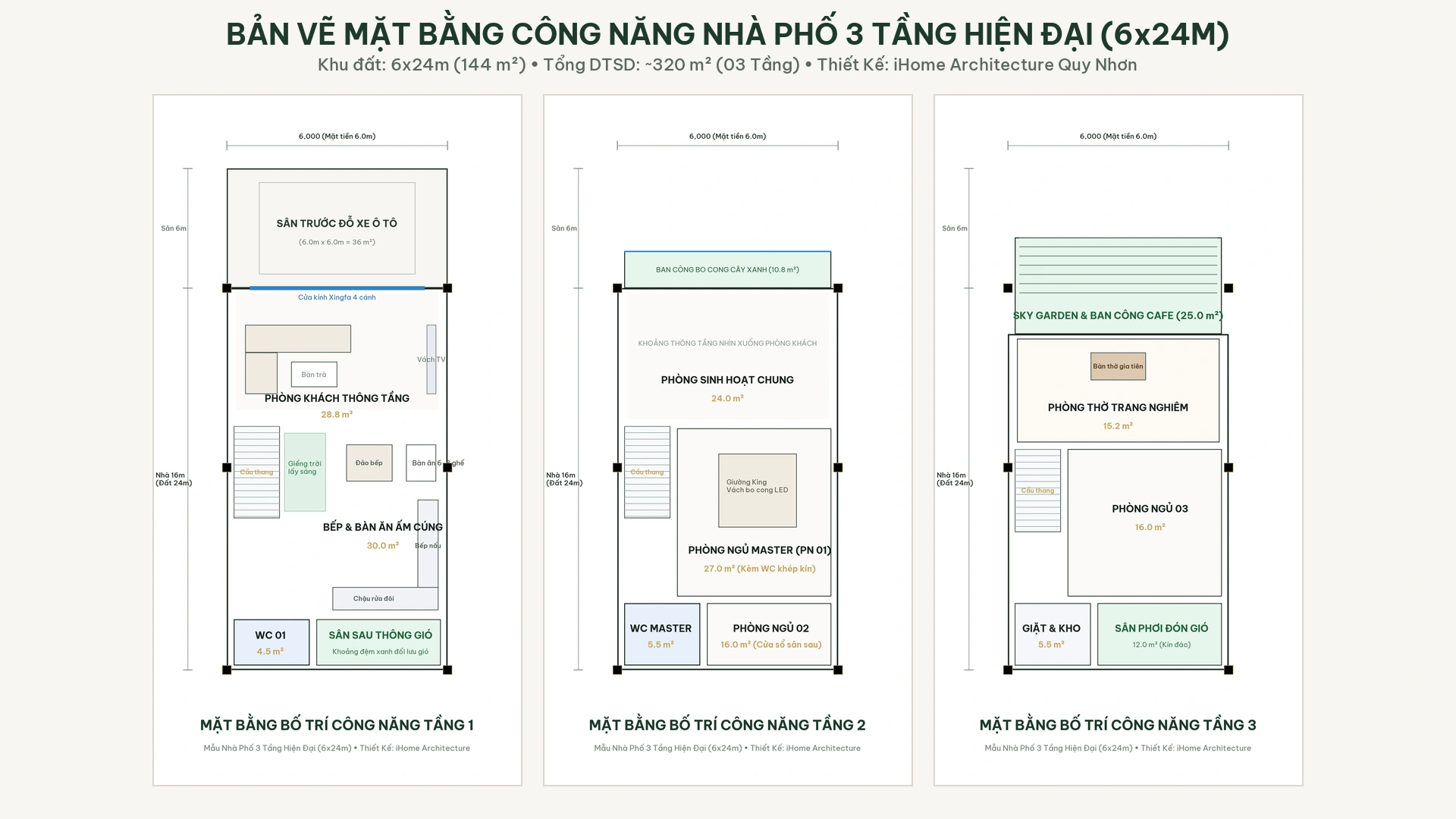 Bản vẽ thiết kế mặt bằng công năng tổng hợp 3 tầng nhà phố 6x24m