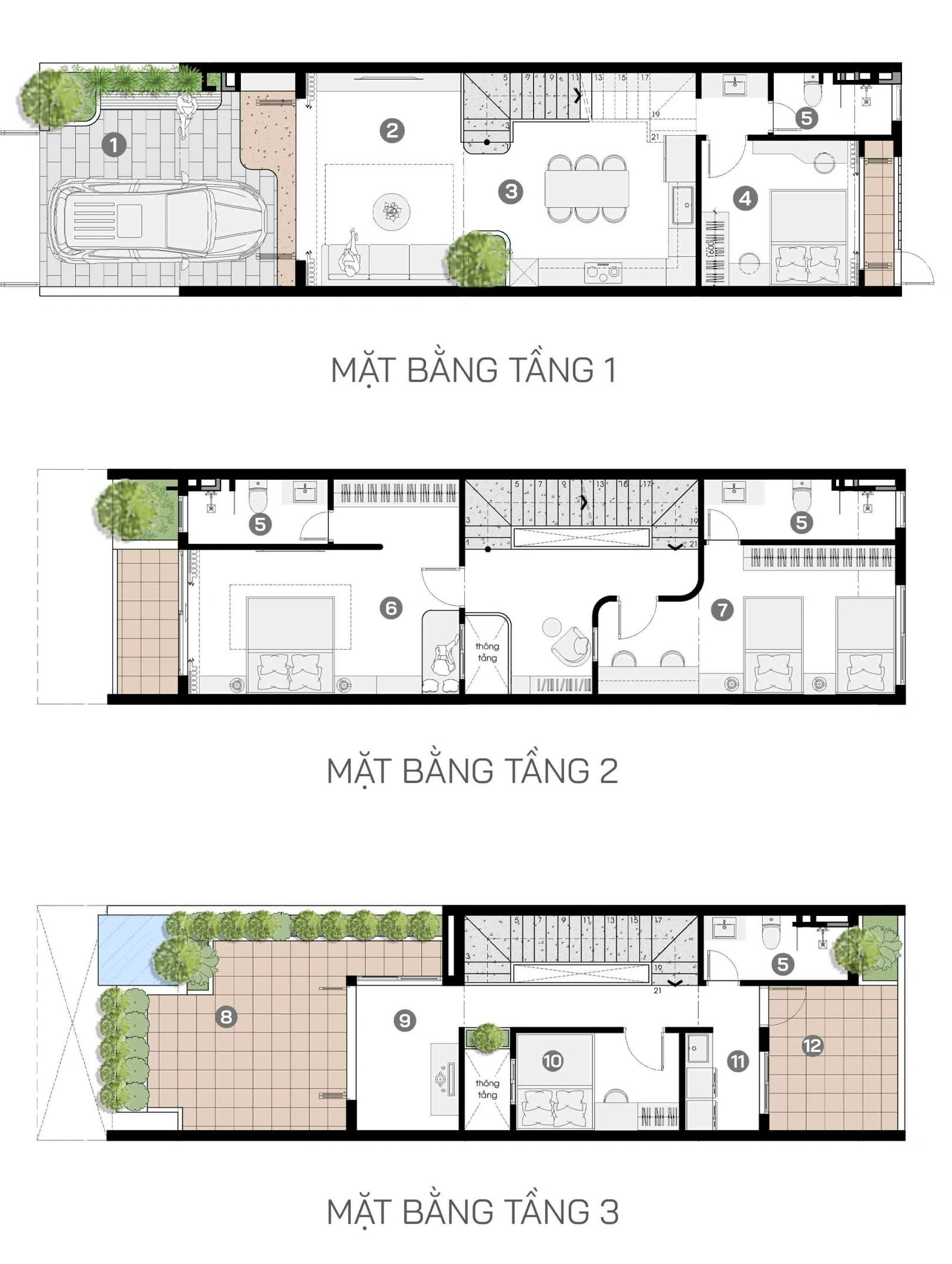 Bản vẽ bố trí mặt bằng công năng nhà phố 3 tầng 5x18.5m