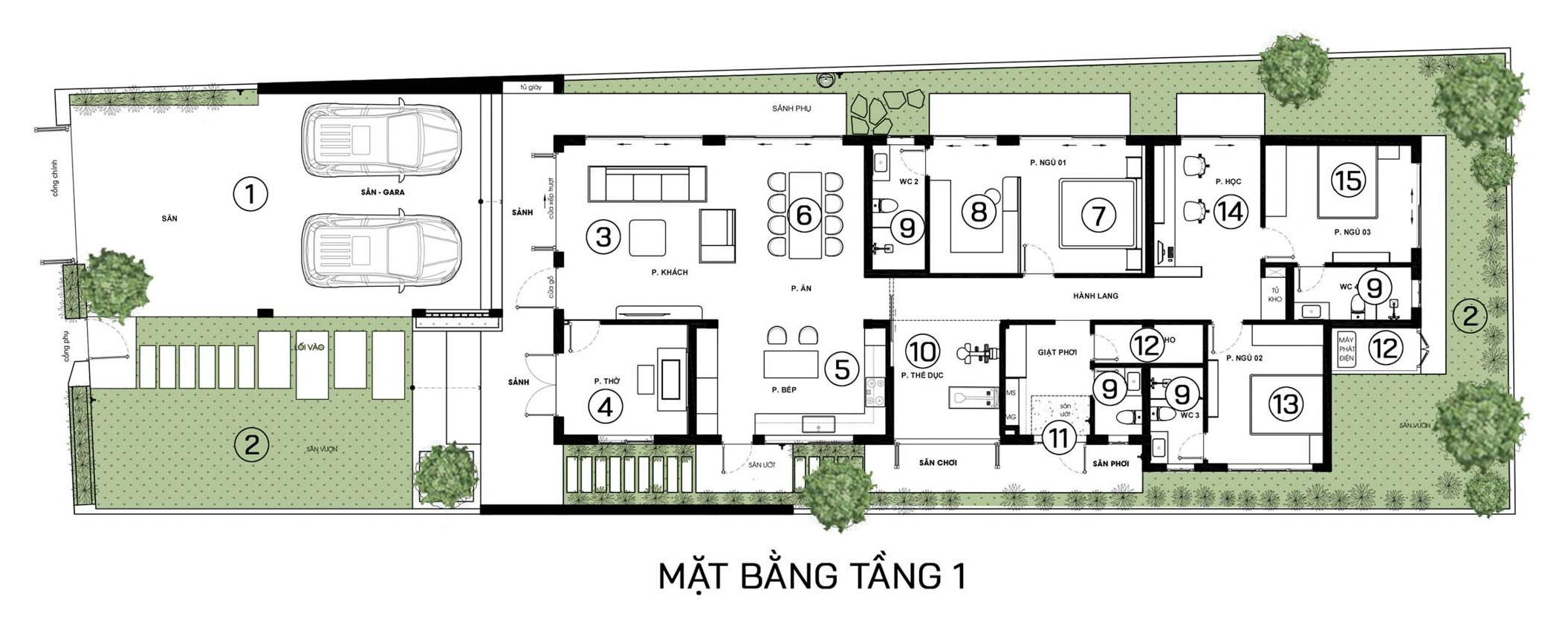 Bản vẽ bố trí mặt bằng công năng biệt thự vườn 1 tầng 13x40m